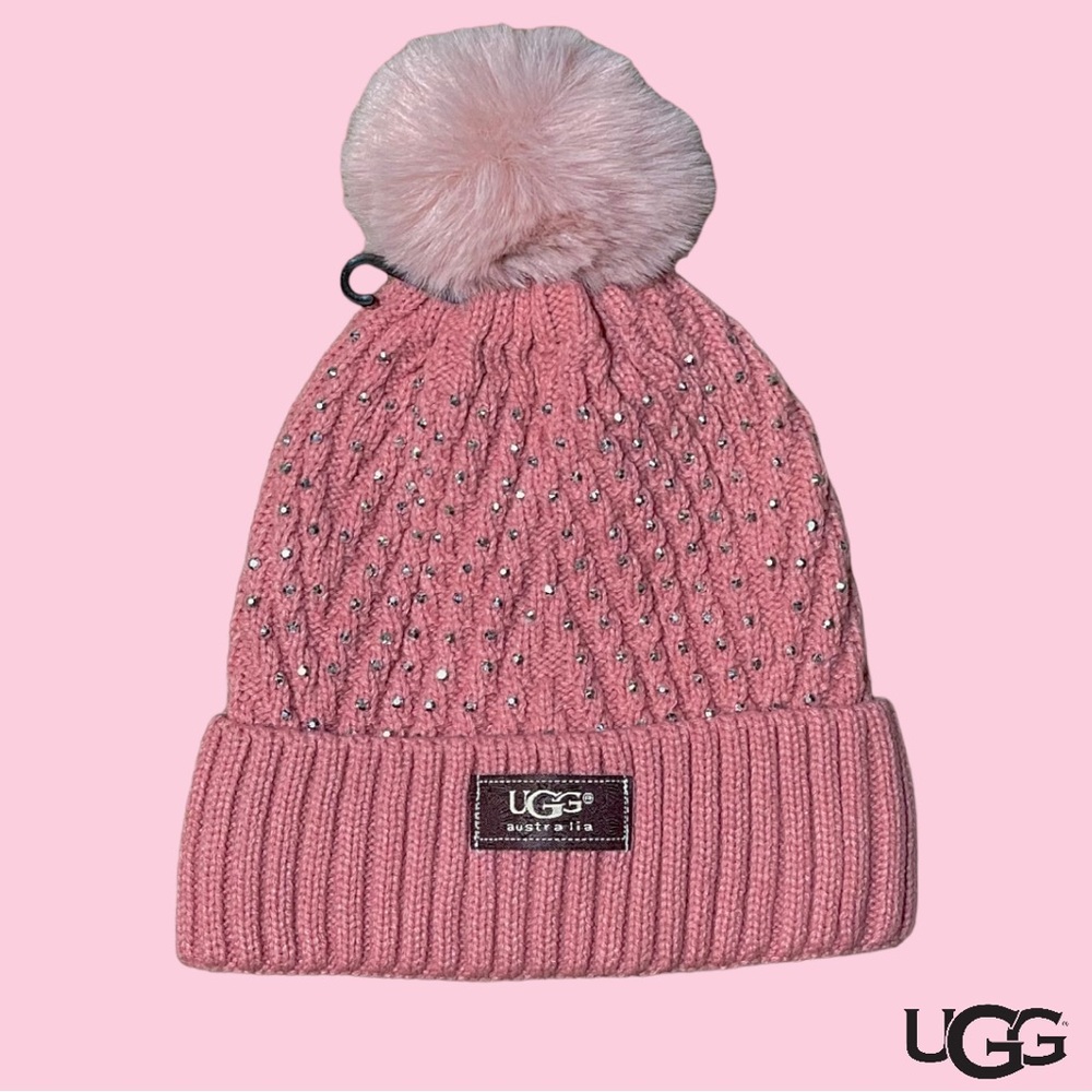 UGG Pink Rhinestone Cable Knit Hat Soft Faux Fur Lined PomPom Beanie Warm Winter